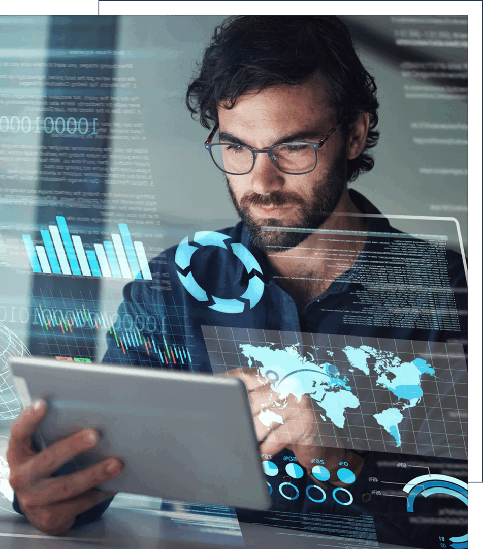 Man analyzing data on digital tablet.